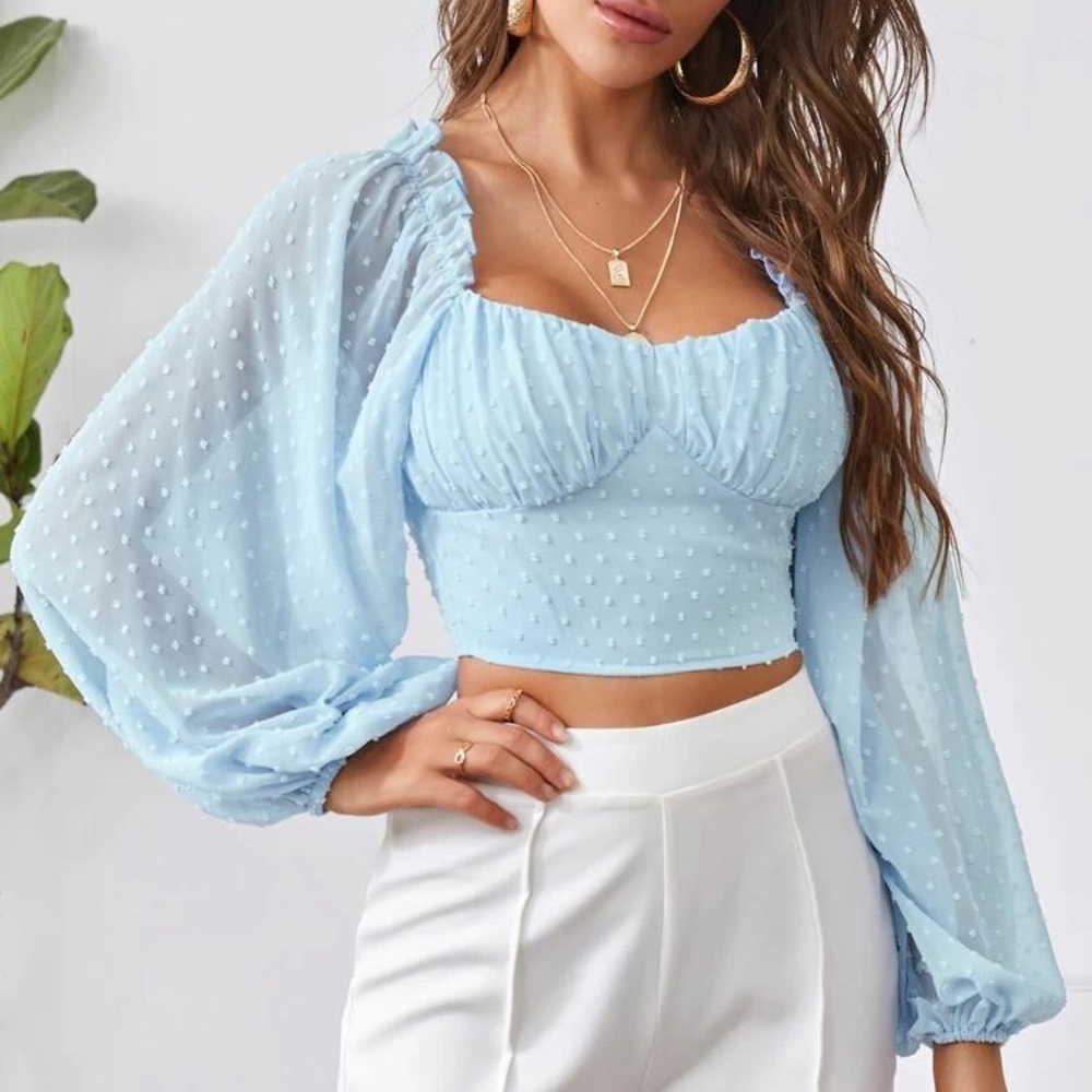 SHEIN Fill Trim Lantern Sleeve Swiss Dot Top